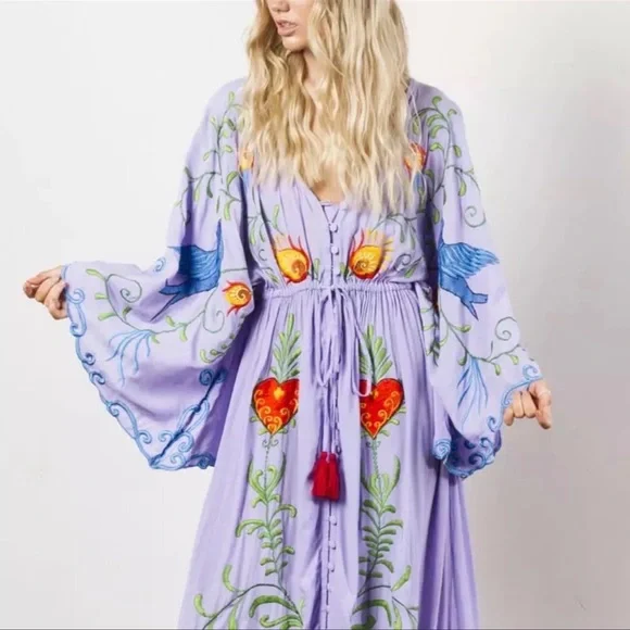 5 Star ⭐️ Maxi Dress Kimono Bohemian Embroidered Lilac Hearts Magic Gown, NOW IN - Picture 3 of 4